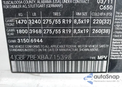 2011 Mercedes-Benz Gl 450 4Matic z USA, uszkodzony, nr VIN 4JGBF7BEXBA715398